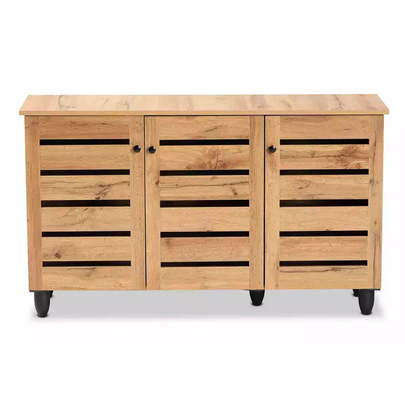 3 Door Shoe Cabinet, Oak Brown/Black - Nautical Style, 6 Fixed Shelves, Wood Frame