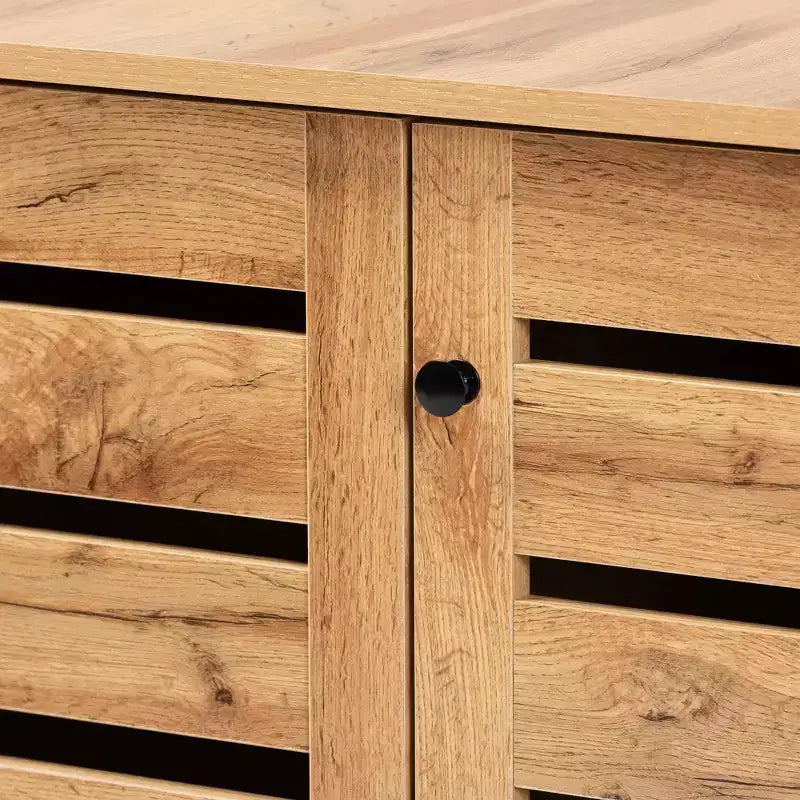 3 Door Shoe Cabinet, Oak Brown/Black - Nautical Style, 6 Fixed Shelves, Wood Frame