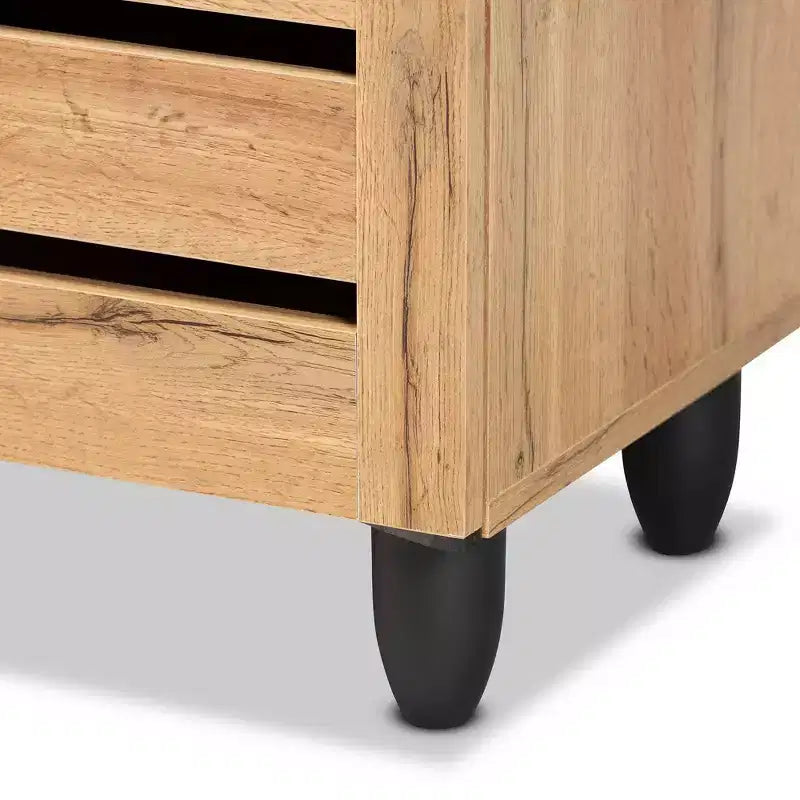 3 Door Shoe Cabinet, Oak Brown/Black - Nautical Style, 6 Fixed Shelves, Wood Frame