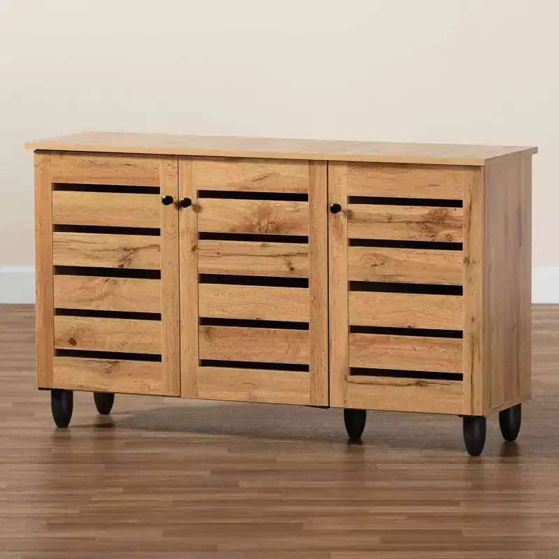 3 Door Shoe Cabinet, Oak Brown/Black - Nautical Style, 6 Fixed Shelves, Wood Frame