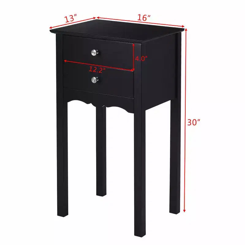 Black High-Gloss MDF Side Table with 2 Drawers - 30"H x 13"W x 16"D, Bedroom Nightstand or Living Room End Table