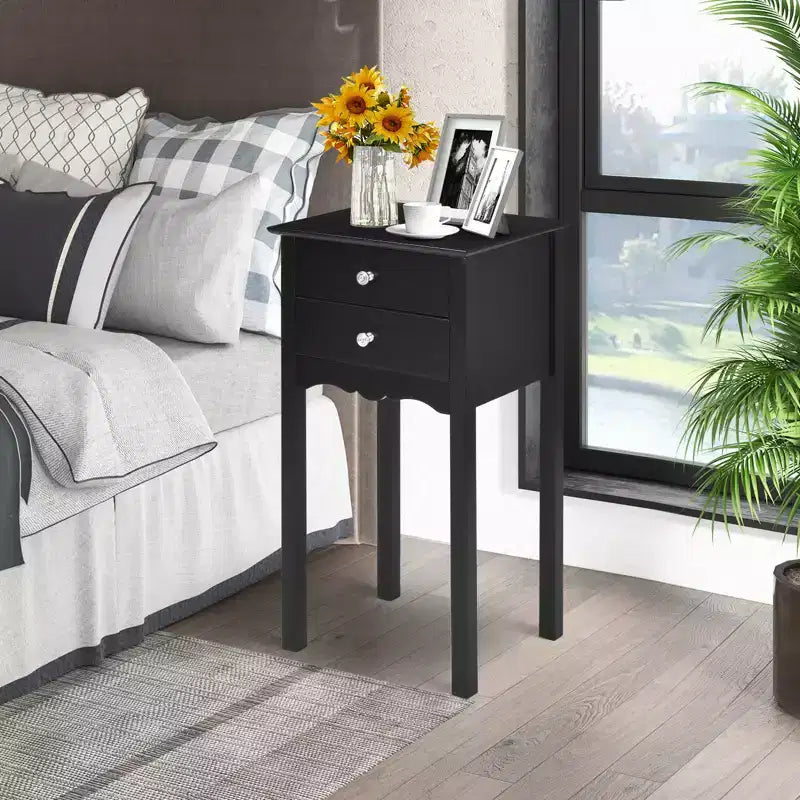 Black High-Gloss MDF Side Table with 2 Drawers - 30"H x 13"W x 16"D, Bedroom Nightstand or Living Room End Table