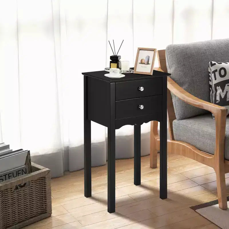Black High-Gloss MDF Side Table with 2 Drawers - 30"H x 13"W x 16"D, Bedroom Nightstand or Living Room End Table