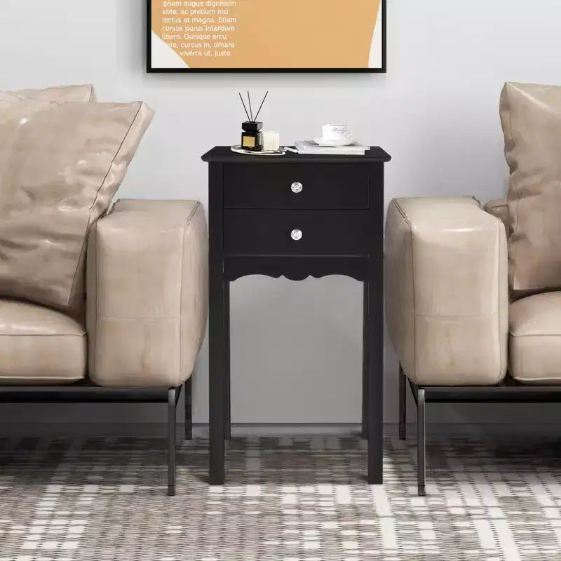Black High-Gloss MDF Side Table with 2 Drawers - 30"H x 13"W x 16"D, Bedroom Nightstand or Living Room End Table