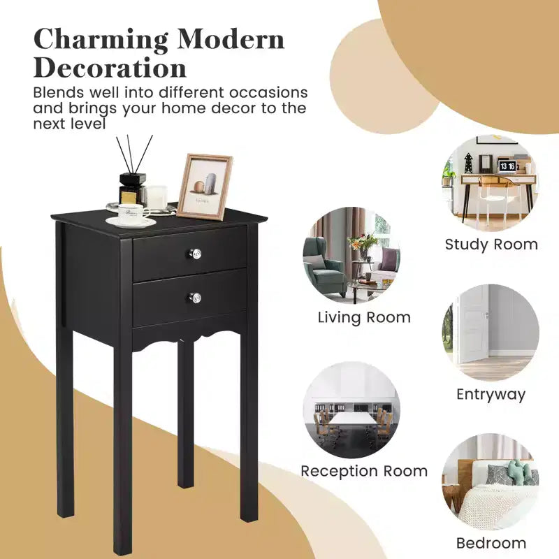 Black High-Gloss MDF Side Table with 2 Drawers - 30"H x 13"W x 16"D, Bedroom Nightstand or Living Room End Table