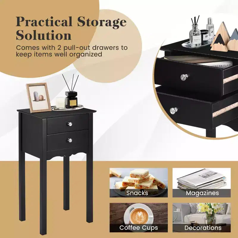 Black High-Gloss MDF Side Table with 2 Drawers - 30"H x 13"W x 16"D, Bedroom Nightstand or Living Room End Table