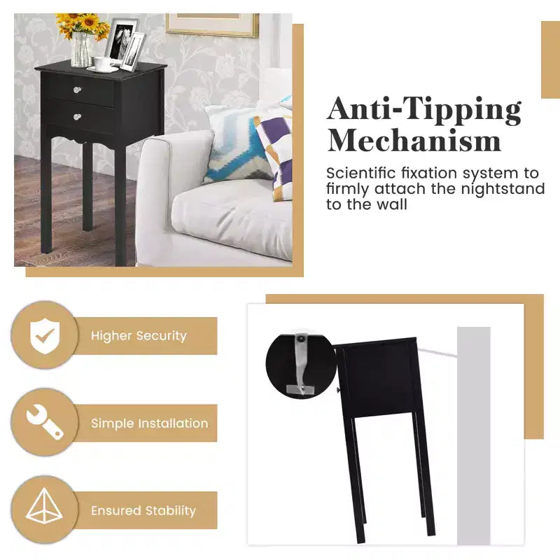 Black High-Gloss MDF Side Table with 2 Drawers - 30"H x 13"W x 16"D, Bedroom Nightstand or Living Room End Table