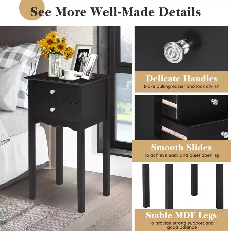Black High-Gloss MDF Side Table with 2 Drawers - 30"H x 13"W x 16"D, Bedroom Nightstand or Living Room End Table