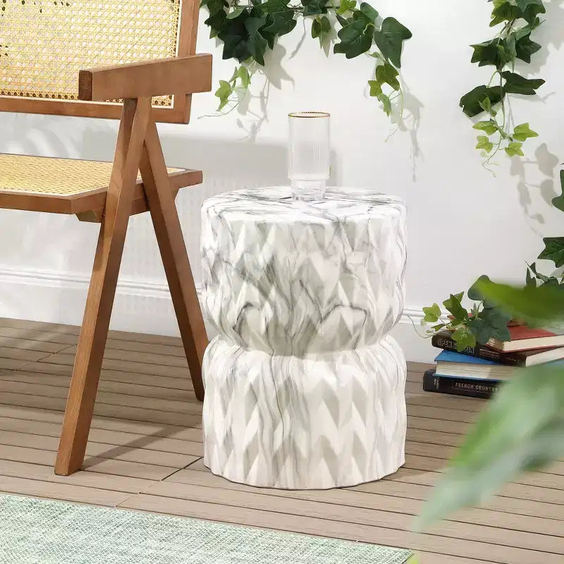 Chevron Drum Ceramic Garden Stool & Accent Table - 17.5"H, White Faux Marble Glaze, 175 lb Capacity, Indoor/Outdoor