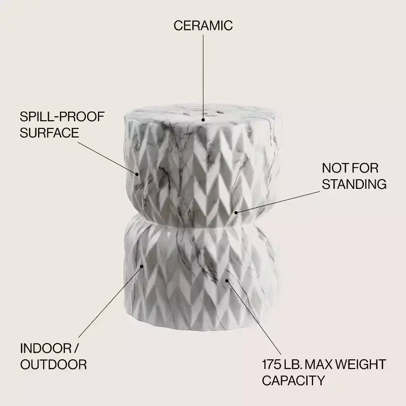 Chevron Drum Ceramic Garden Stool & Accent Table - 17.5"H, White Faux Marble Glaze, 175 lb Capacity, Indoor/Outdoor