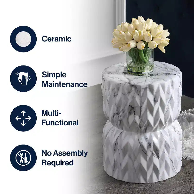 Chevron Drum Ceramic Garden Stool & Accent Table - 17.5"H, White Faux Marble Glaze, 175 lb Capacity, Indoor/Outdoor