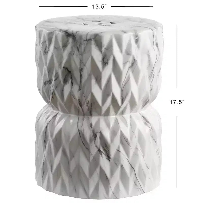 Chevron Drum Ceramic Garden Stool & Accent Table - 17.5"H, White Faux Marble Glaze, 175 lb Capacity, Indoor/Outdoor
