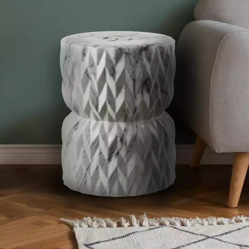 Chevron Drum Ceramic Garden Stool & Accent Table - 17.5"H, White Faux Marble Glaze, 175 lb Capacity, Indoor/Outdoor