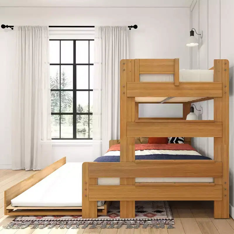 Farmhouse Twin over Full Bunk Bed with Trundle - Solid Pine, Barnwood Finish, 400 lb Capacity