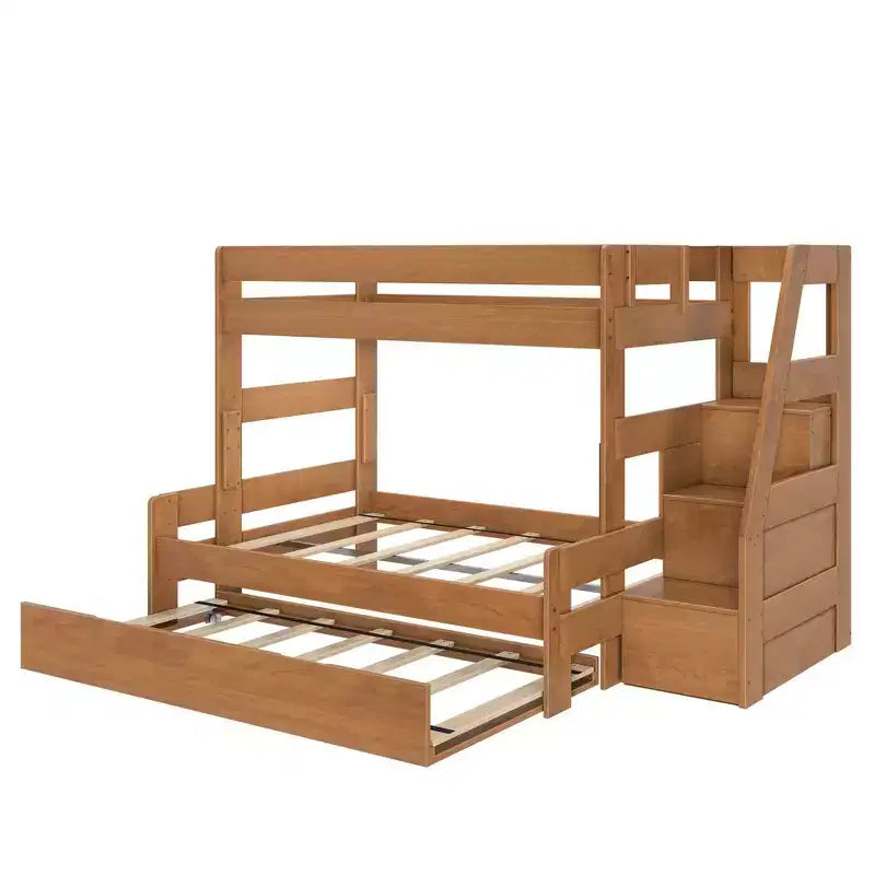 Farmhouse Twin over Full Bunk Bed with Trundle - Solid Pine, Barnwood Finish, 400 lb Capacity