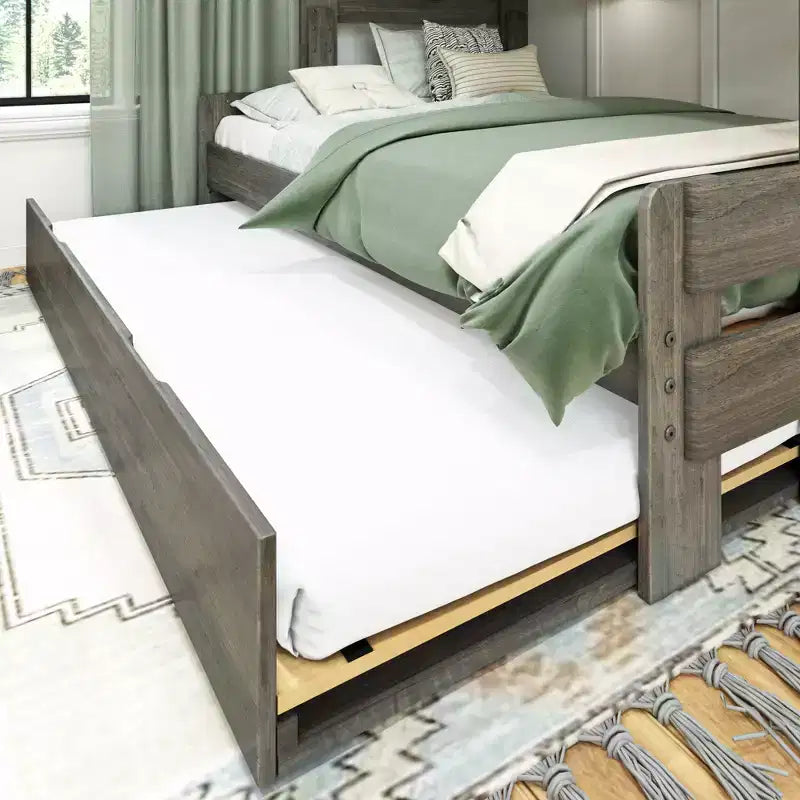Farmhouse Twin over Full Bunk Bed with Trundle - Solid Pine, Barnwood Finish, 400 lb Capacity