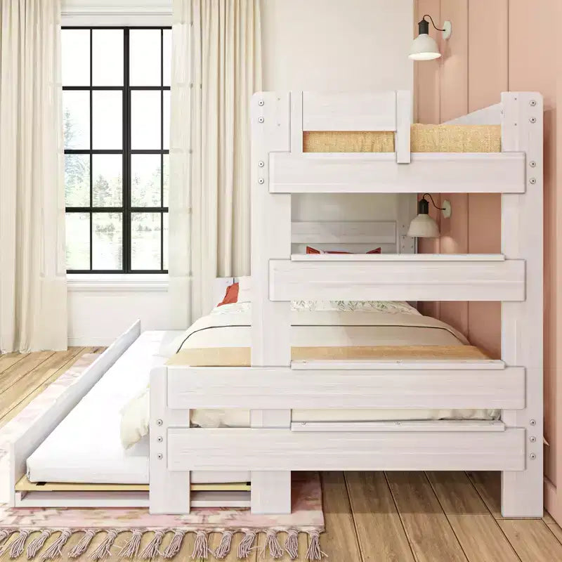 Farmhouse Twin over Full Bunk Bed with Trundle - Solid Pine, Barnwood Finish, 400 lb Capacity