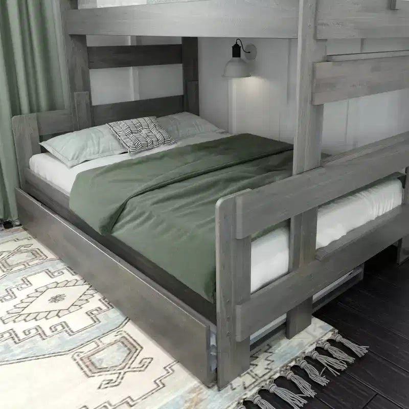Farmhouse Twin over Full Bunk Bed with Trundle - Solid Pine, Barnwood Finish, 400 lb Capacity