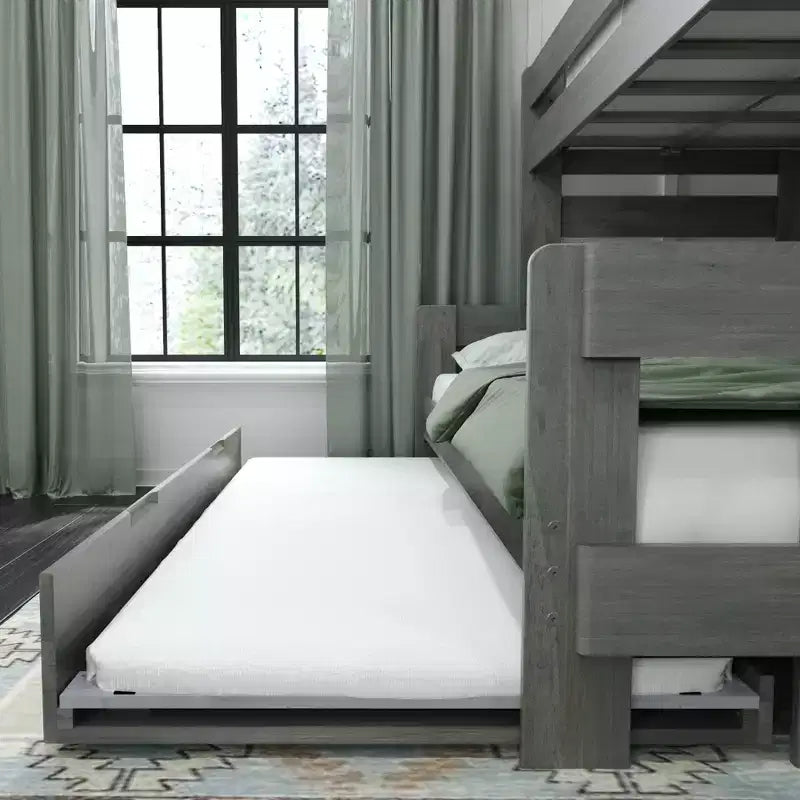 Farmhouse Twin over Full Bunk Bed with Trundle - Solid Pine, Barnwood Finish, 400 lb Capacity