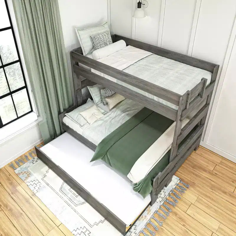 Farmhouse Twin over Full Bunk Bed with Trundle - Solid Pine, Barnwood Finish, 400 lb Capacity