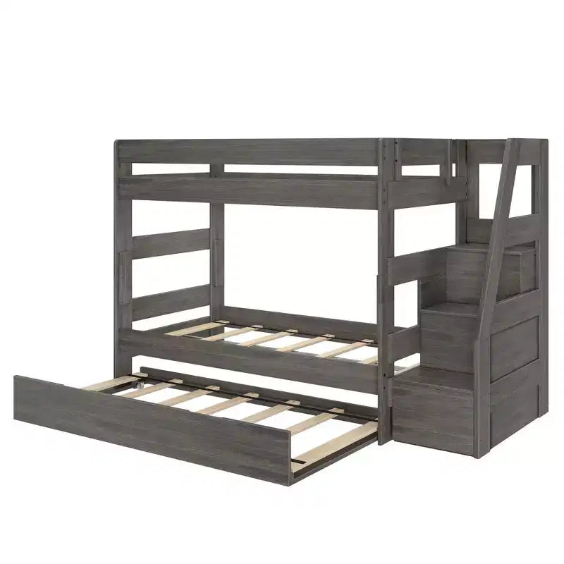 Farmhouse Twin over Full Bunk Bed with Trundle - Solid Pine, Barnwood Finish, 400 lb Capacity