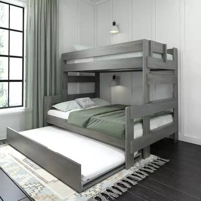 Farmhouse Twin over Full Bunk Bed with Trundle - Solid Pine, Barnwood Finish, 400 lb Capacity
