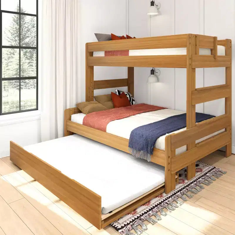 Farmhouse Twin over Full Bunk Bed with Trundle - Solid Pine, Barnwood Finish, 400 lb Capacity