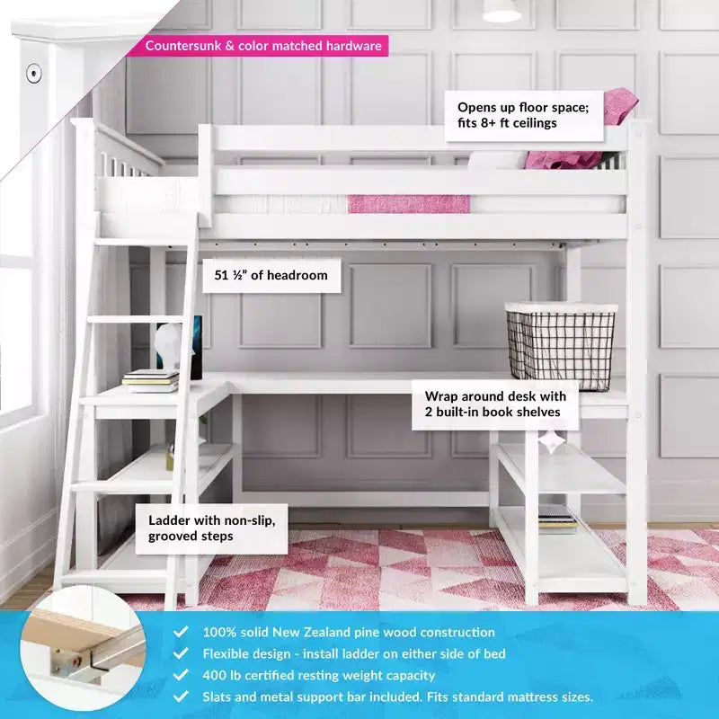 Twin High Loft Bed with Desk and Storage Shelves for Kids - Solid Pine, 400 lb Capacity