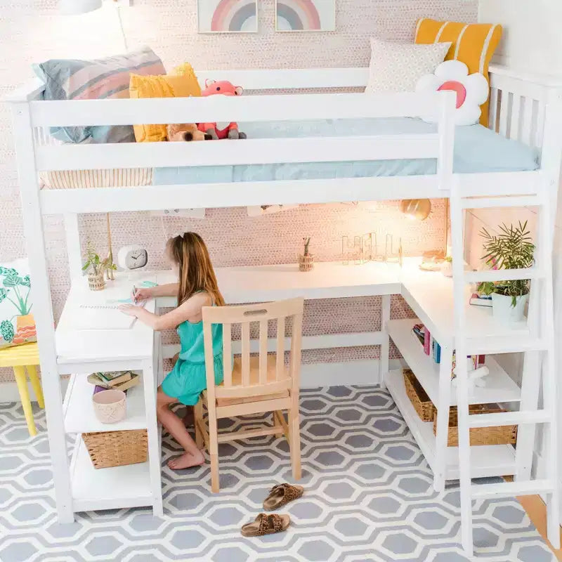 Twin High Loft Bed with Desk and Storage Shelves for Kids - Solid Pine, 400 lb Capacity
