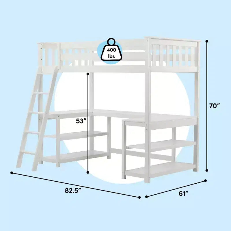 Twin High Loft Bed with Desk and Storage Shelves for Kids - Solid Pine, 400 lb Capacity