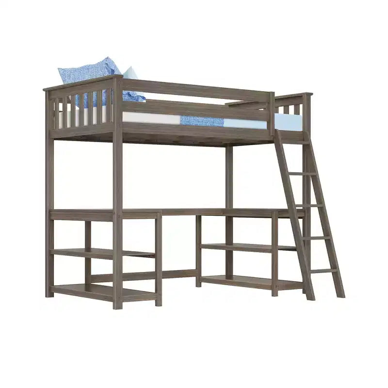Twin High Loft Bed with Desk and Storage Shelves for Kids - Solid Pine, 400 lb Capacity