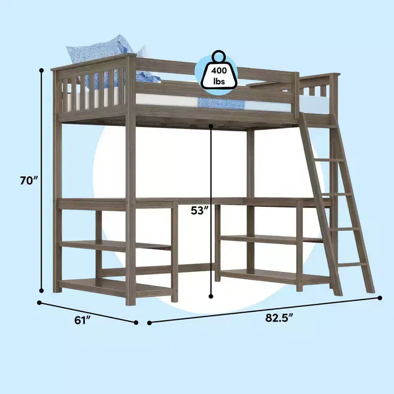 Twin High Loft Bed with Desk and Storage Shelves for Kids - Solid Pine, 400 lb Capacity