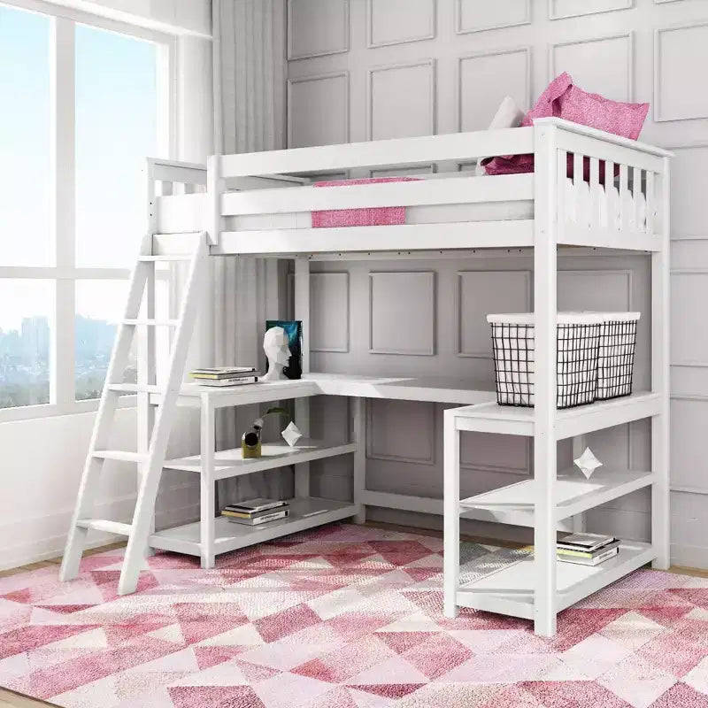 Twin High Loft Bed with Desk and Storage Shelves for Kids - Solid Pine, 400 lb Capacity