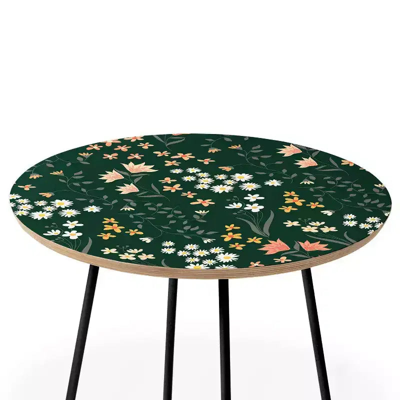 Round Meadow Flowers Printed Side Table - Baltic Birch Top, Steel Legs, 19"