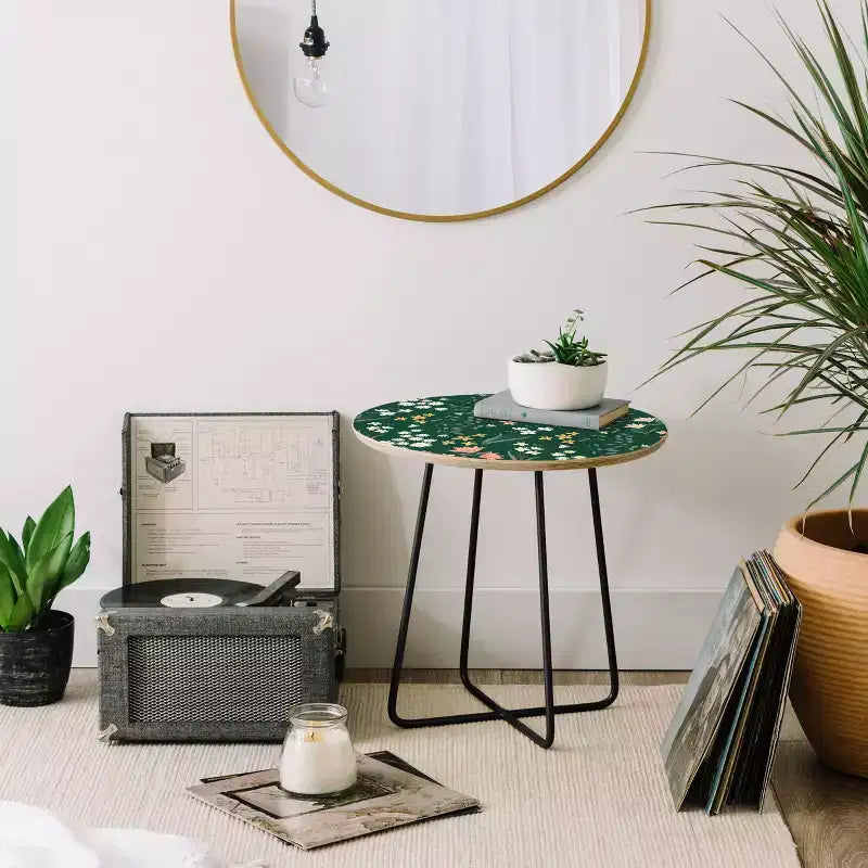 Round Meadow Flowers Printed Side Table - Baltic Birch Top, Steel Legs, 19"