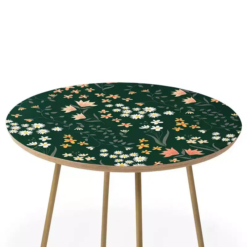 Round Meadow Flowers Printed Side Table - Baltic Birch Top, Steel Legs, 19"
