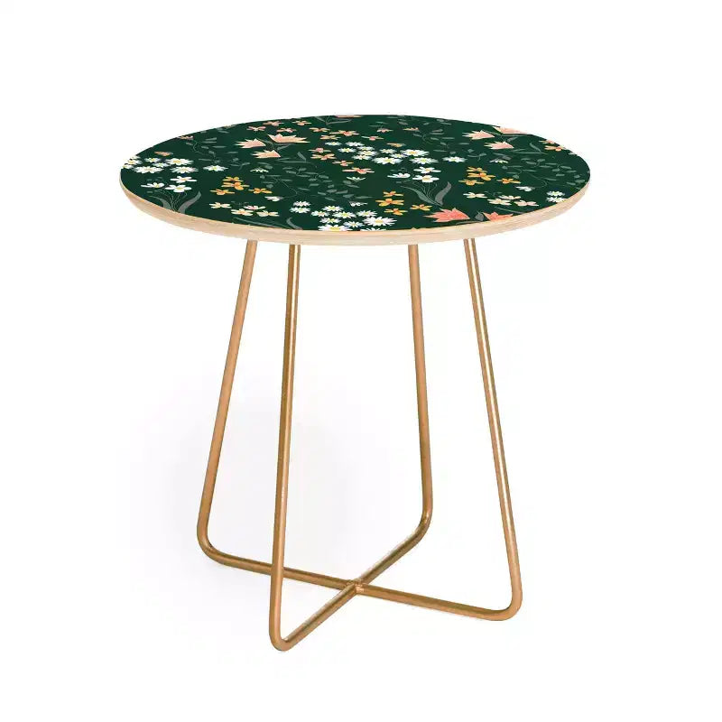 Round Meadow Flowers Printed Side Table - Baltic Birch Top, Steel Legs, 19"