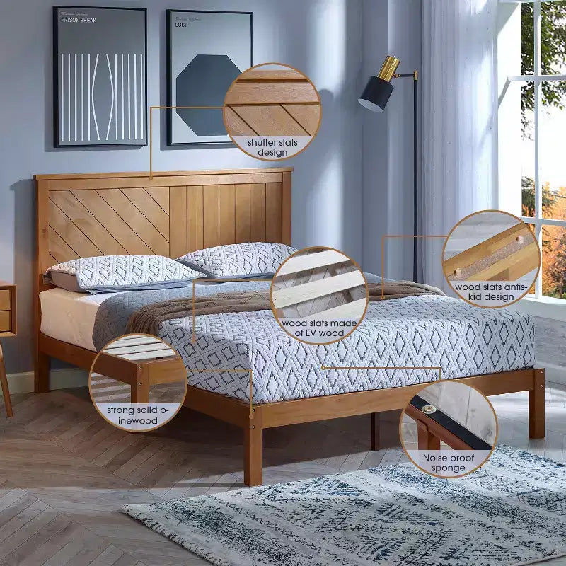 12 Inch Solid Wood Platform Bed Frame with Wooden Slats, Queen