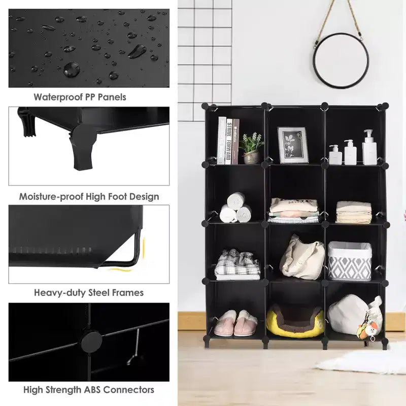 12 Cube Storage Organizer Plastic Organizer Units w/ Steel Frame Black