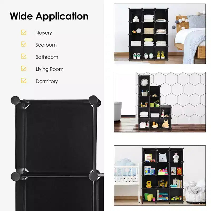 12 Cube Storage Organizer Plastic Organizer Units w/ Steel Frame Black