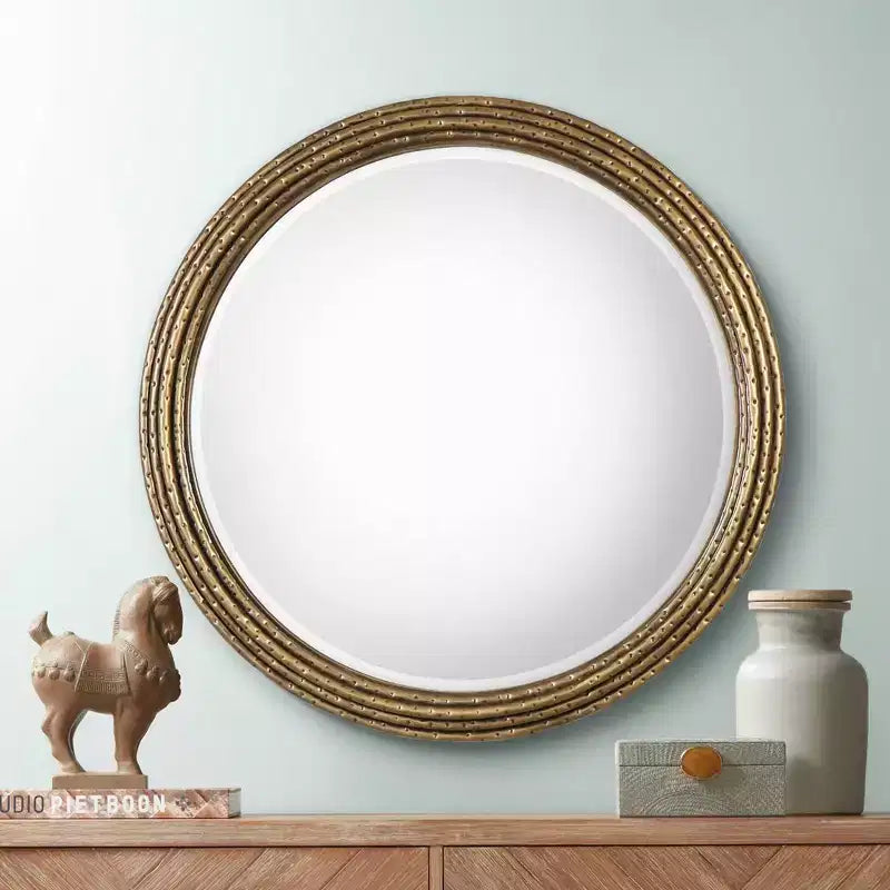 Round Vanity Decorative Wall Mirror, Rustic Antiqued Gold Hammered Iron Frame, 42 1/4 Wide, Bathroom Bedroom Living Room