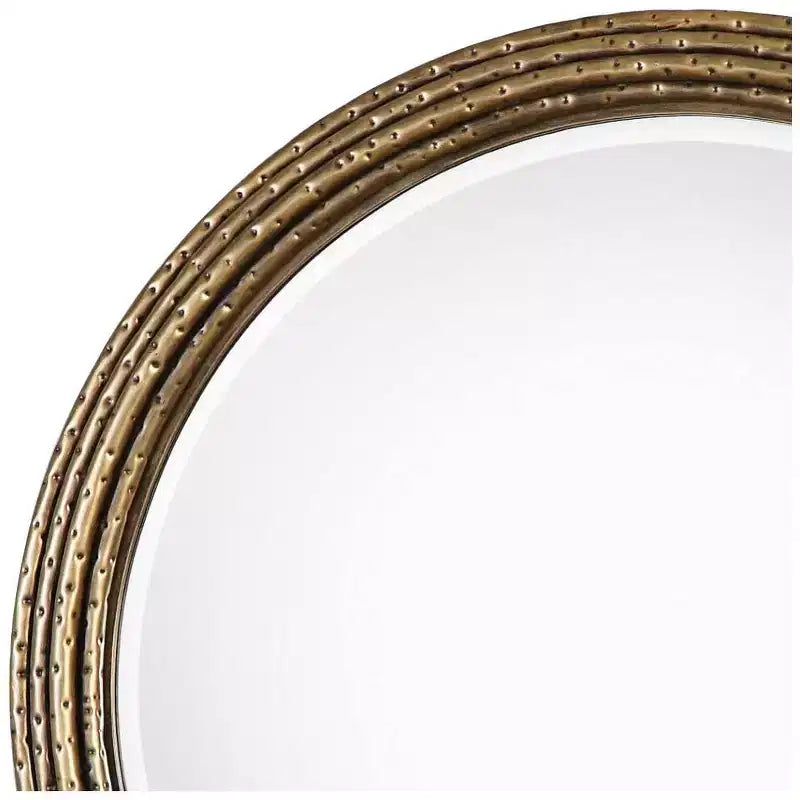 Round Vanity Decorative Wall Mirror, Rustic Antiqued Gold Hammered Iron Frame, 42 1/4 Wide, Bathroom Bedroom Living Room