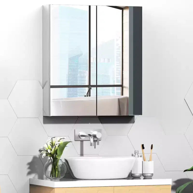 Bathroom Mirrored Cabinet, 24x26 Stainless Steel Frame Medicine Cabinet, Wall-Mounted Storage Organizer with Double Doors, Silver