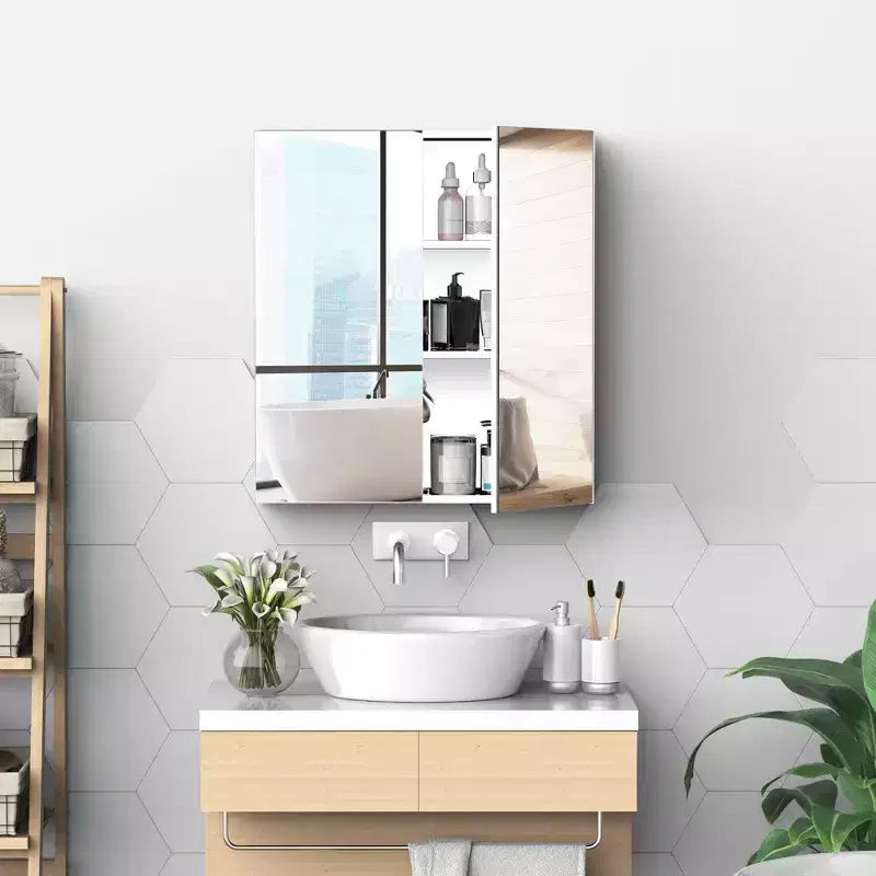 Bathroom Mirrored Cabinet, 24x26 Stainless Steel Frame Medicine Cabinet, Wall-Mounted Storage Organizer with Double Doors, Silver