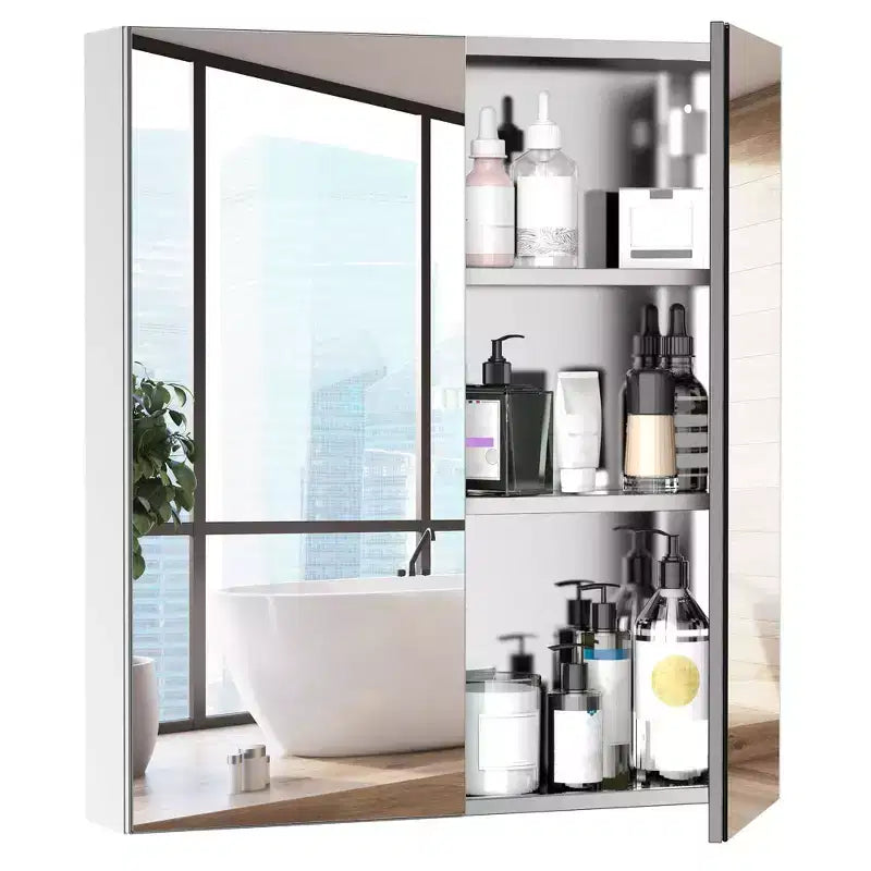 Bathroom Mirrored Cabinet, 24x26 Stainless Steel Frame Medicine Cabinet, Wall-Mounted Storage Organizer with Double Doors, Silver