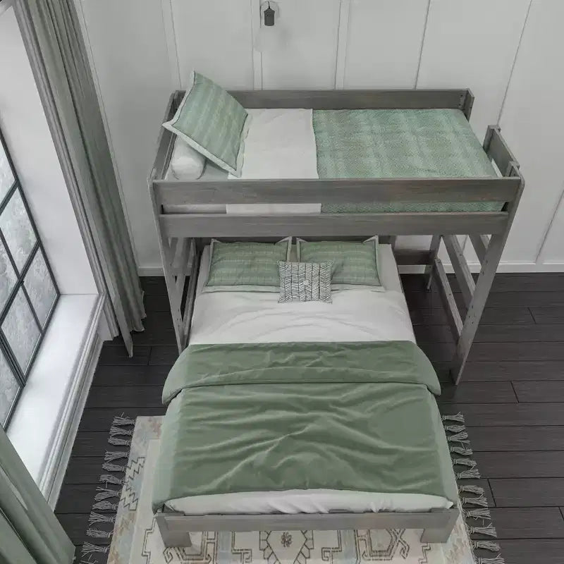 Solid Wood Modern Farmhouse Bunk Bed, L-Shaped Twin over Queen Bed Frame for Kids