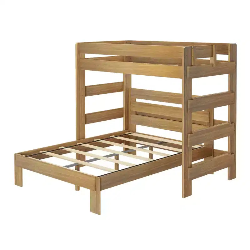 Solid Wood Modern Farmhouse Bunk Bed, L-Shaped Twin over Queen Bed Frame for Kids