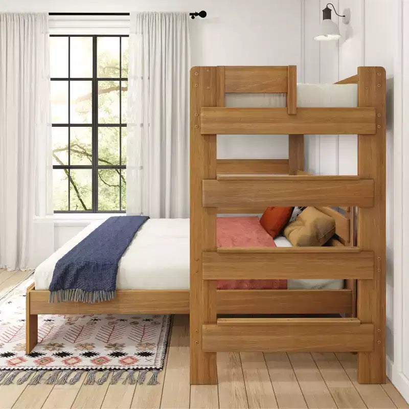 Solid Wood Modern Farmhouse Bunk Bed, L-Shaped Twin over Queen Bed Frame for Kids