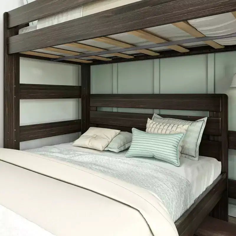 Solid Wood Modern Farmhouse Bunk Bed, L-Shaped Twin over Queen Bed Frame for Kids