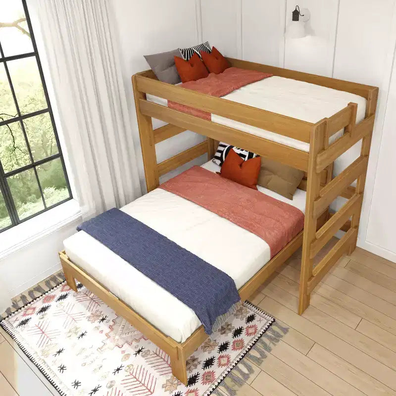 Solid Wood Modern Farmhouse Bunk Bed, L-Shaped Twin over Queen Bed Frame for Kids